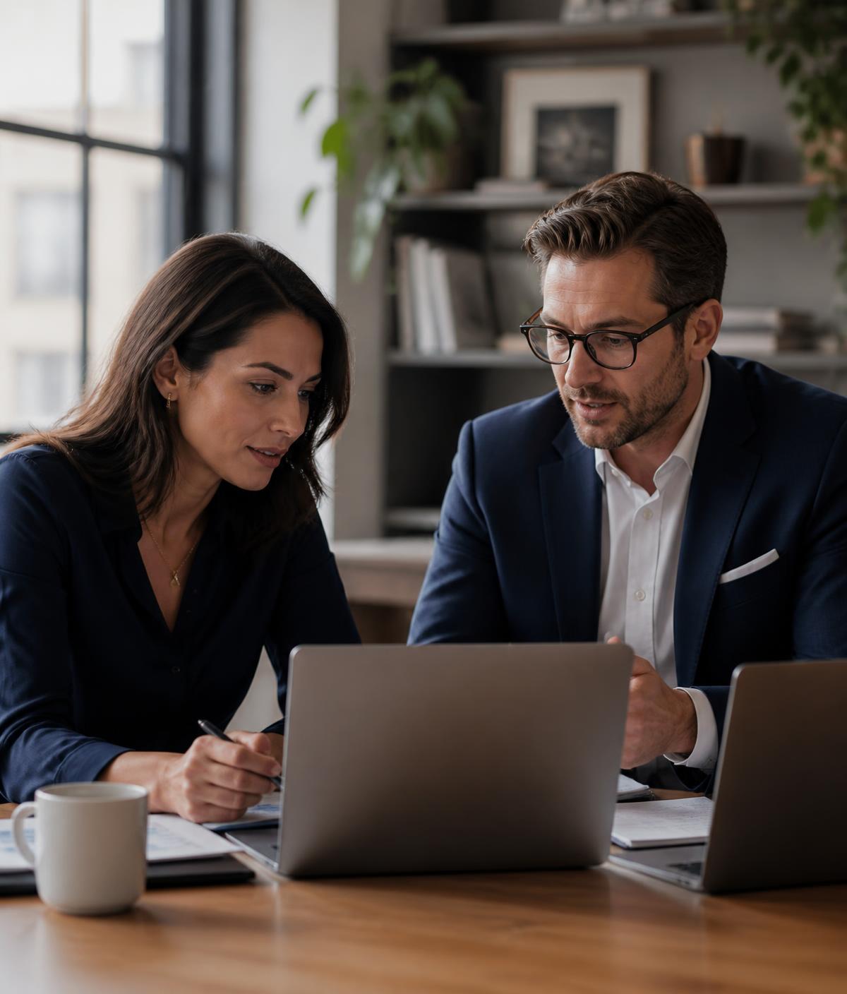 Two finance advisors reviewing a startup's books together